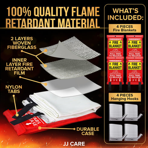 JJ CARE Fire Blanket - 4 Packs with Hooks - Emergency Fire Blanket for Home & Kitchen, High Heat Resistant Fire Suppression Blankets for Home Safety, Kitchen, and Camping
